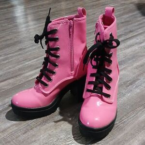 Sheln pink lined shiny combat moto chunky boots Sz 6 NWOT